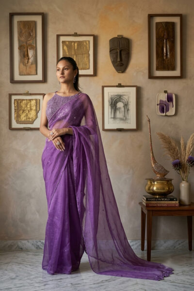 Kumudini purple silk organza saree