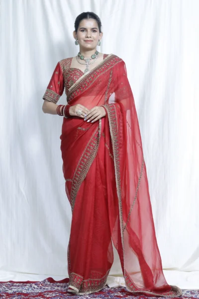 Gulnaar Maroon Silk Organza Saree