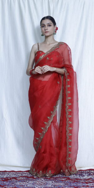 Sajni red silk organza saree