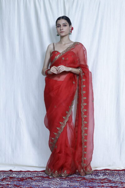Sajni red silk organza saree