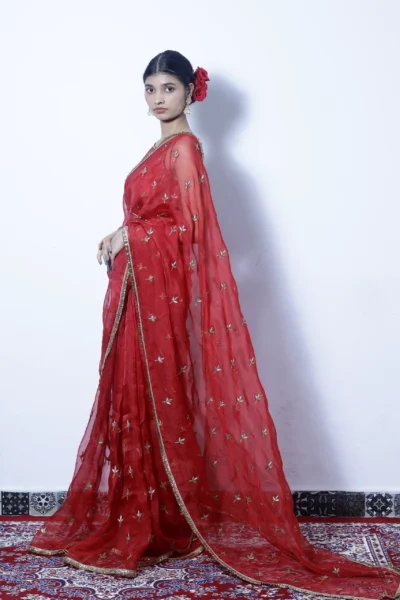 Heer red silk organza saree