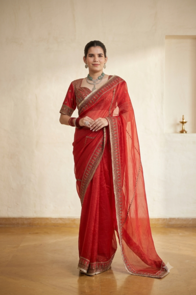 Gulnaar Maroon Silk Organza Saree