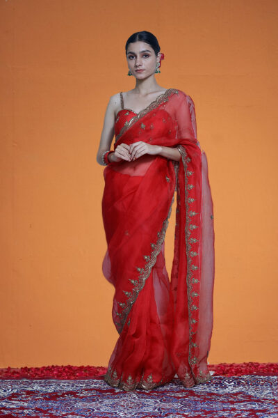 Sajni red silk organza saree